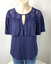 ELLA MOSS Knit Lace Navy Blue Blouse Top Women's Size Small Keyhole Neck