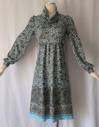 BOHO BORDERED BLUE FLORAL PRINT JERSEY Vintage 1970s Cowl Neck DAY DRESS - SM - Picture 9 of 9