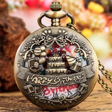 Vintage Hollow Out Happy Birthday Cover Unisex Quartz Pocket Watch FOB Chain