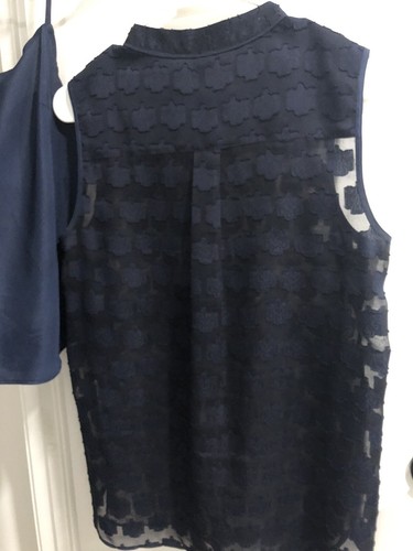 J.Crew Navy Blue 1/2 Button Up Sleeveless Sheer Top Blouse w Cami Top Size 4 - Picture 7 of 9