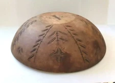 Antique Primitive Folk Art Handpainted Handcarved Toleware Wood Bowl - 11"