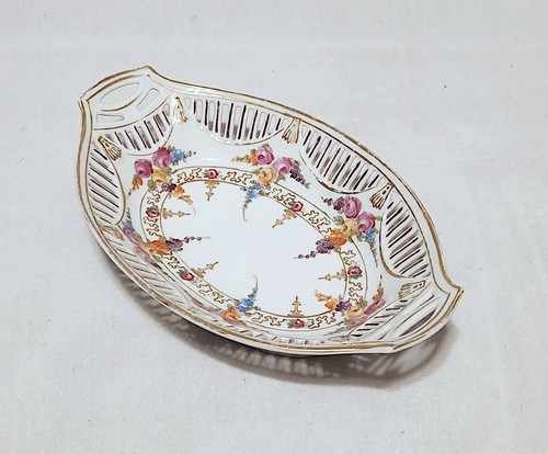 Vintage Schumann Bavaria Germany Oval Porcelain Trinket Dish Reticulated Sides - Picture 10 of 10