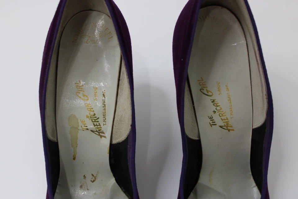 Zapatos de tacón de aguja punta puntiaguda vintage de los años 50 6,5 B PINUP TERCIOPELO GAMUZA PÚRPURA Foto 4 de 4