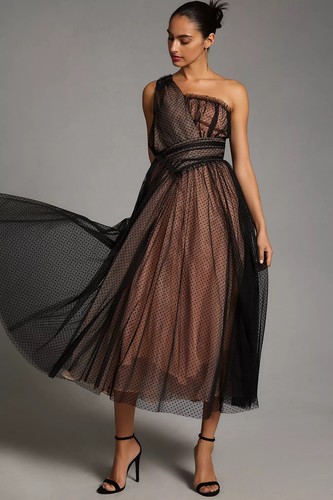 By Anthropologie One-Shoulder Tulle Dot Maxi Dress Black UK 8 RRP £200 - Picture 2 of 13
