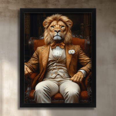Regal Löwe Portrait anthropomorpher Löwe im Anzug Raubkatze Wandbild Löwendruck