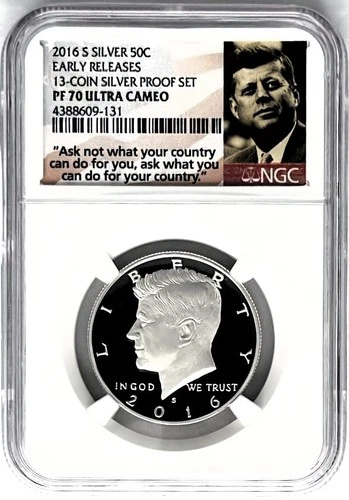 2016 S PROOF SILVER KENNEDY 50C EARLY RELEASES FROM 13-COIN PROOF SET NGC PF70