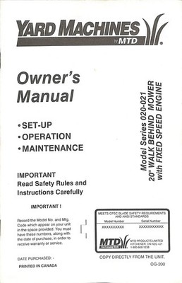 Yard Machines by MTD Owner's Manual 20'' Walk Behind Mower Fixed Speed Engine