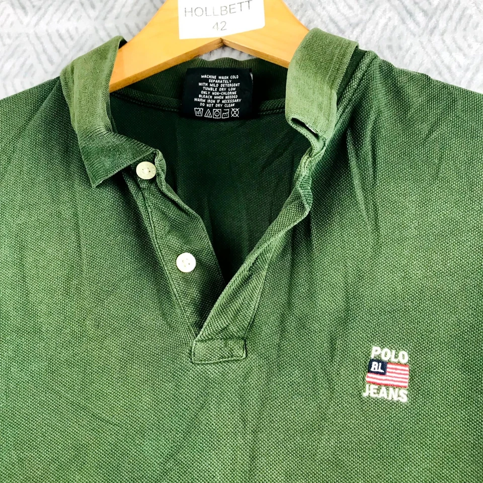Vintage Polo Jeans Ralph Lauren Shirt Homme XL tag USA M Vert Coton Y2K - Photo 3/4