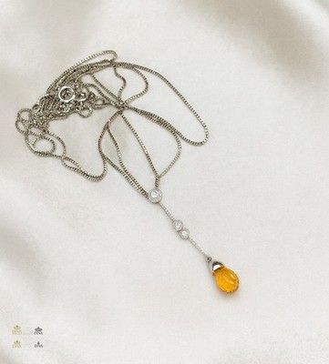 JSG 14K White Gold Smoky Quartz Briolette & Diamond Lariat Drop Pendant Necklace