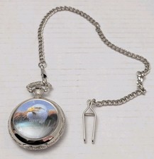 Quartz Silver Pocket Watch Eagle Design Multicolor Dial Includes Chain