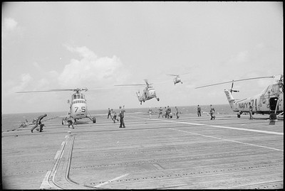 Helicopters landing on the deck of the aircraft carrier Valley Forge 1959