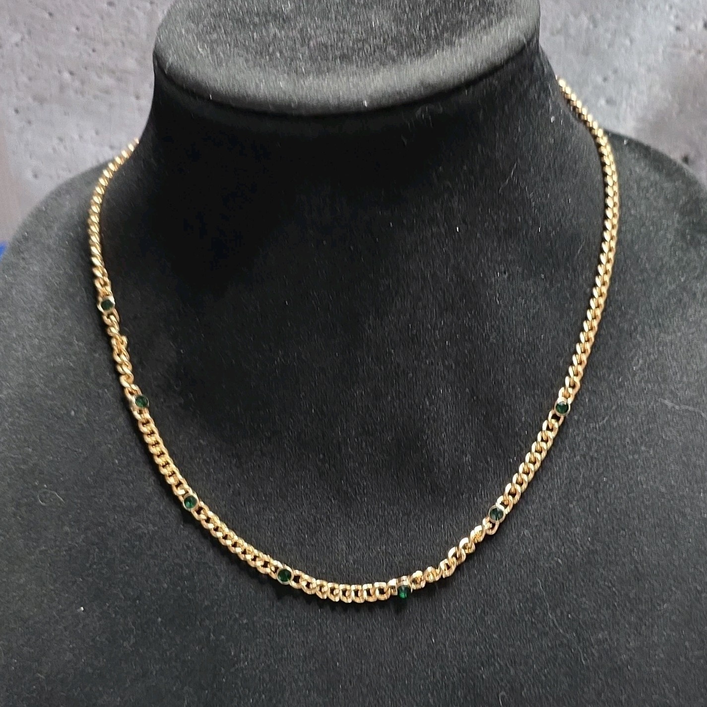 Gold Tone Curb Link Chain Necklace with Green Accents Lobster Closure