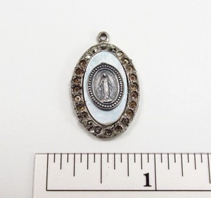 Vintage Catholic Miraculous Medal Sterling Silver MOP Marcasite Pendant AS-IS