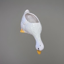 Vintage Large White Ceramic Duck Goose Planter Bending Over Figurine 6.5  Long