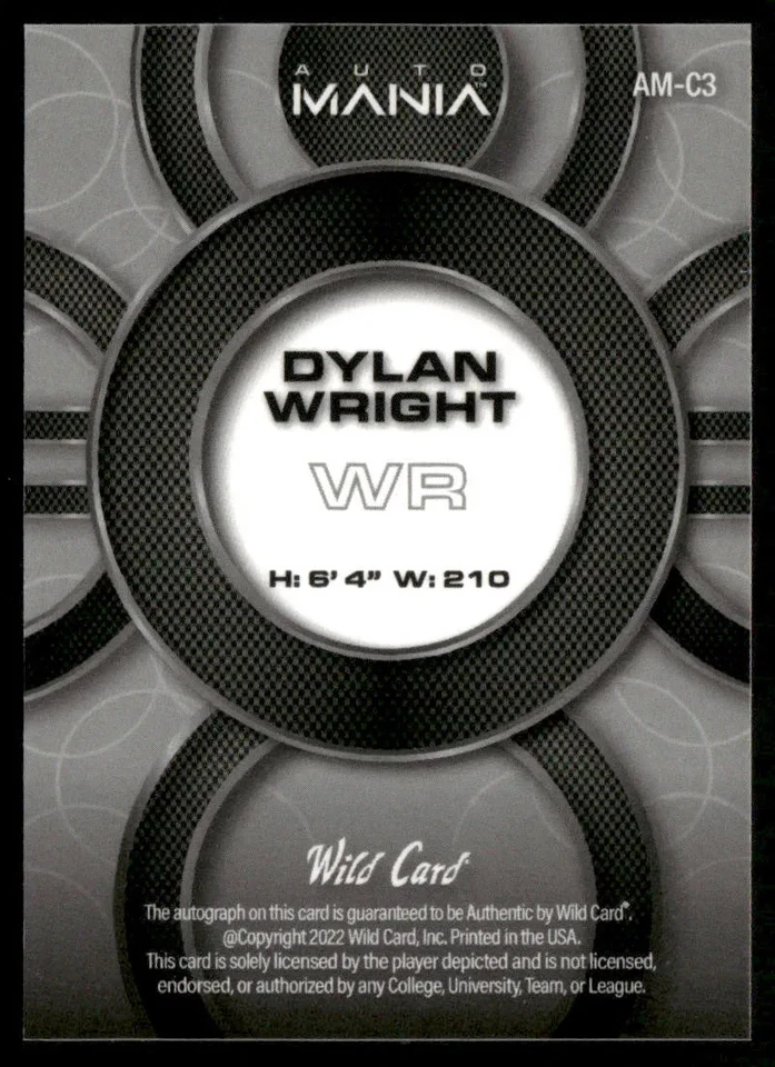 2022 Wild Card Auto Mania Dylan Wright #AM-C3 Orange Shimmer Auto 32/100 - Image 2 of 2
