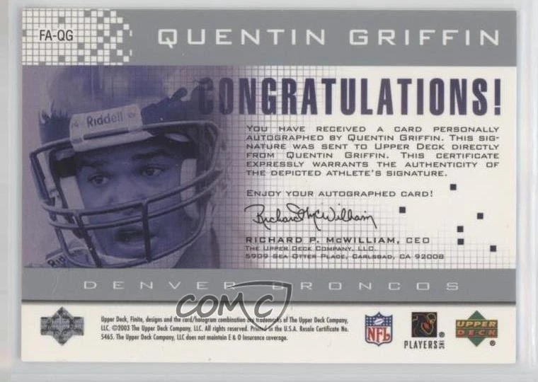 2003 Upper Deck Finite Auto /447 Quentin Griffin #FA-QG Rookie Auto RC - Image 2 of 2