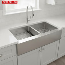 Sink Double Bowl Farmhouse 36x21 Inch Stainless Steel Undermount Brushed Finish