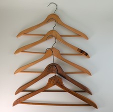 Vtg lot of 5 wooden suit hangers coat pants natural wood Wishbone Ads 17" 1 w Ad