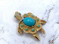 VTG Crown Trifari Gold Tone Turquoise Glass Cabochon Rhinestone Turtle Brooch