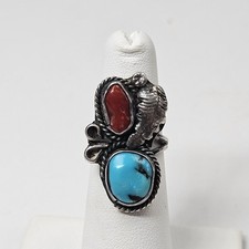 Vintage Sterling Silver Turquoise  Mediterranean Coral Ring Navajo Size 5