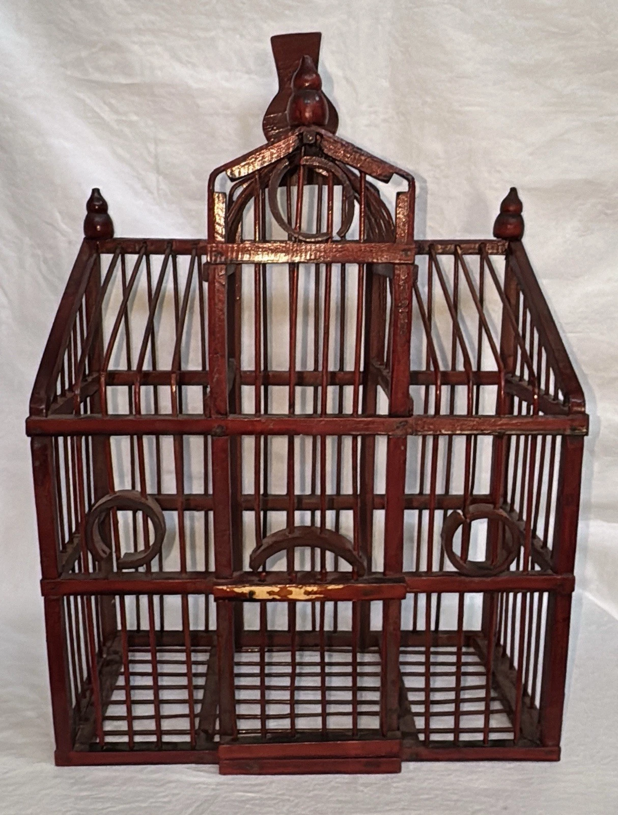1960s Vtg Asian Bird Cage Red Dark Wood Made in The People’s Republic of China