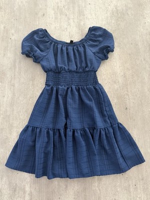 Girls Navy Blue Dress Moon & Stars Size 7 Short Sleeve Round Neck Polyester
