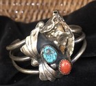 Vintage 1940’s TR signed  Navajo Cuff Bracelet Sterling Silver Turquoise & Coral — photo 1