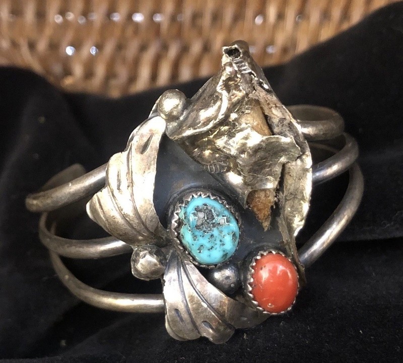 Vintage 1940’s TR signed  Navajo Cuff Bracelet Sterling Silver Turquoise & Coral