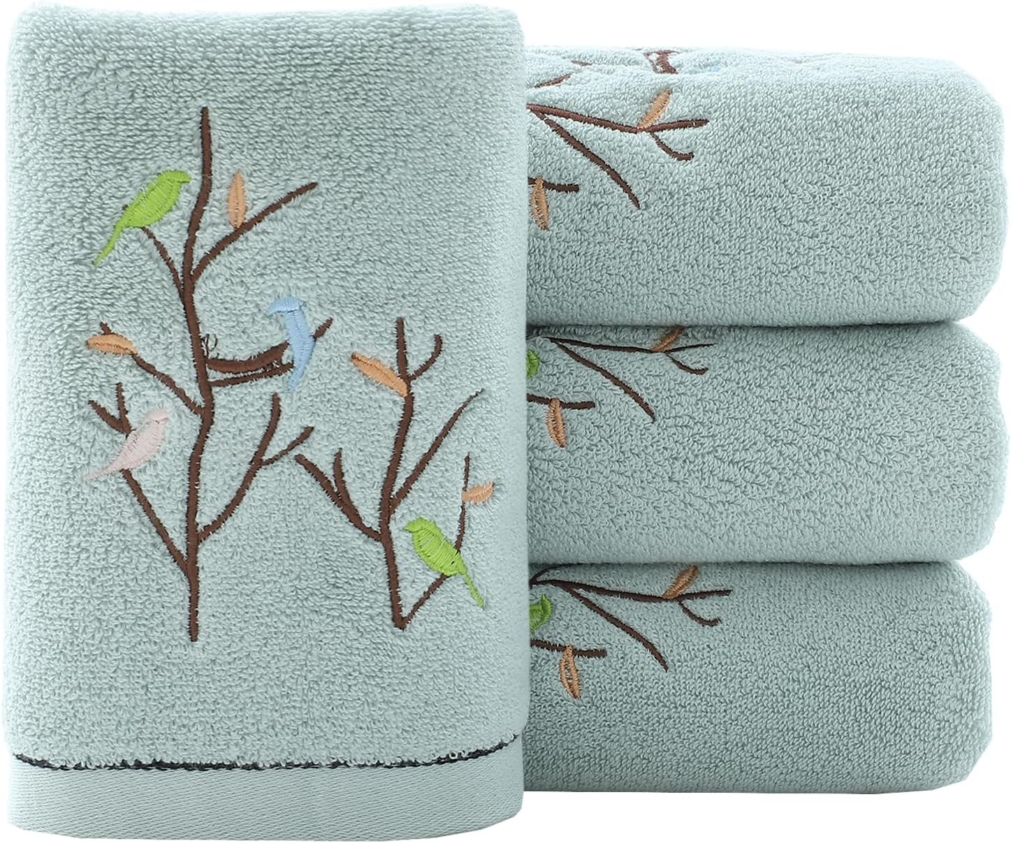 Hand Towels Set of 4 Embroidered Bird Tree Pattern 100% Cotton Absorbent Soft De