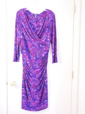 CHAPS Purple Floral Poly Blend V-Neck Long Sleeve Ruched Sheath Dress Size XL
