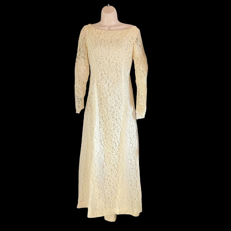 60-е Watteau Train Mod кружевное белое вечернее платье с бантом сзади  - Изображение 3 из 4