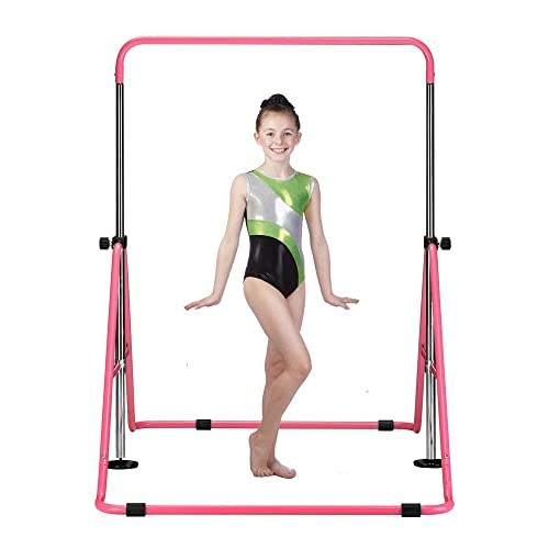  Gymnastics Bar with Mat, Foldable Gymnastics Horizontal Bar Height Pink