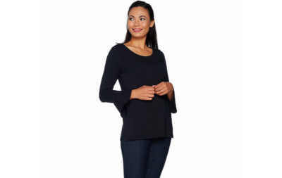 Isaac Mizrahi Live! Scoop Neck Top w/ Bracelet Ruffle Sleeve Black