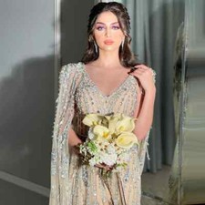 Luxury Arab Evening Dresses with Crystal Beads Cloak Sleeves Dubai Party Gowns