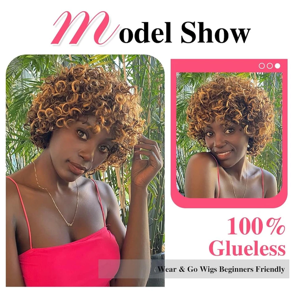 Peluca rizada marrón resaltada de 8 pulgadas con flequillo, sin pegamento, cabello brasileño Foto 2 de 4