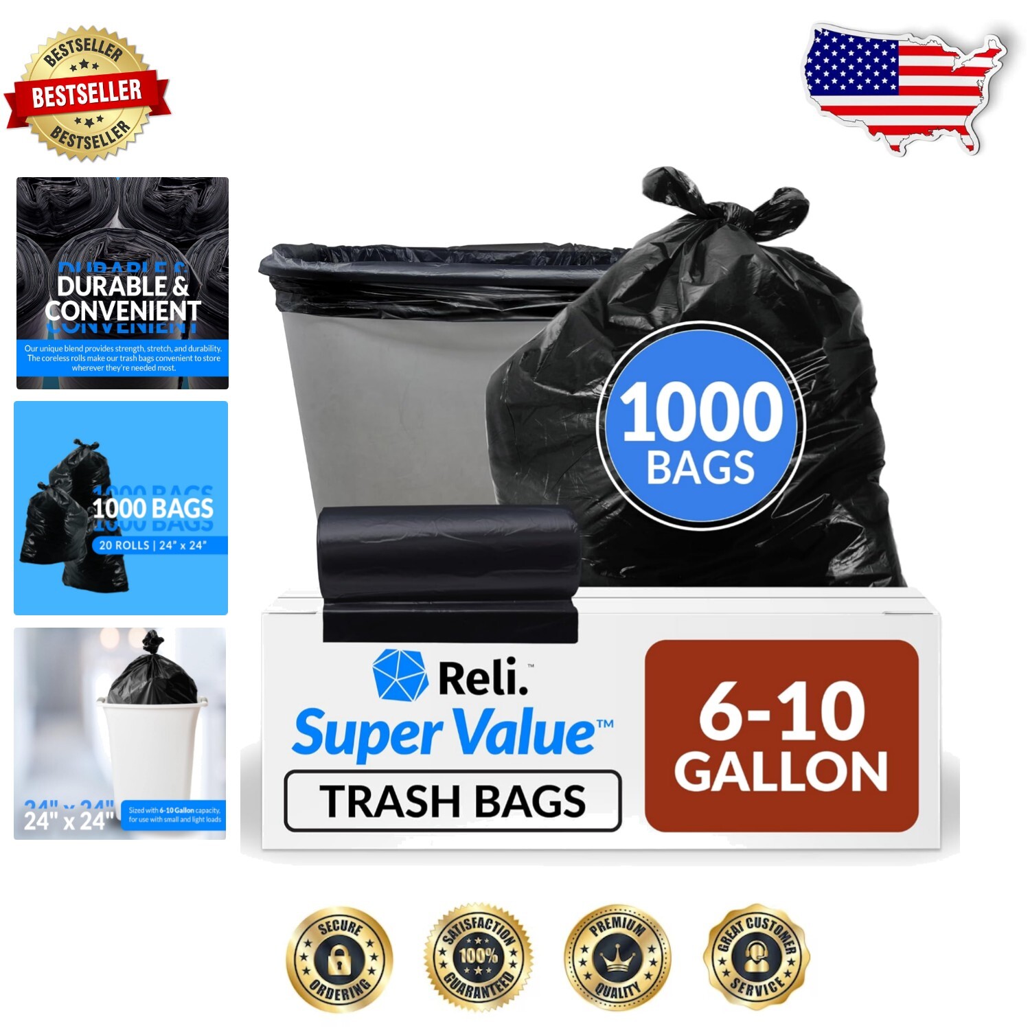 Durable Black Trash Bags for 6-10 Gallon Cans | 1000 Count for Home & Office