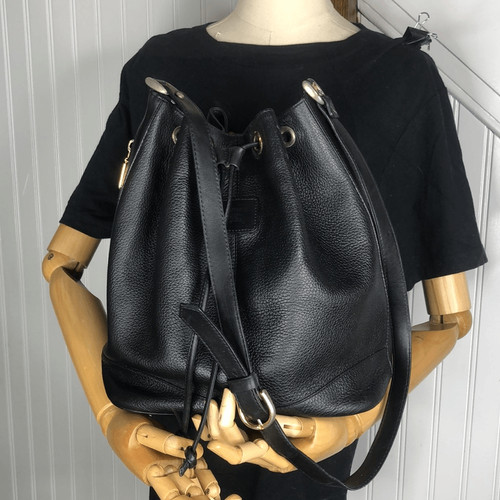 BURBERRYS Large Black Leather Bucket Drawstring Bag Nova Check Lining Authentic