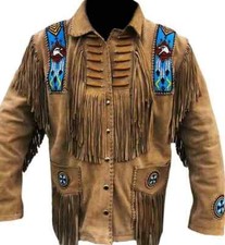Western Leather Suede Jacket Native American Beads Bone Fringe Cowboy Jacket Men