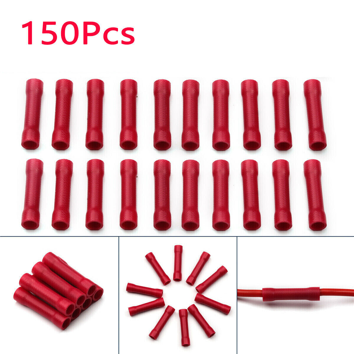 150x Splice Tube Red 18-22AWG Electrical Insulated butt Connector Crimp Terminal