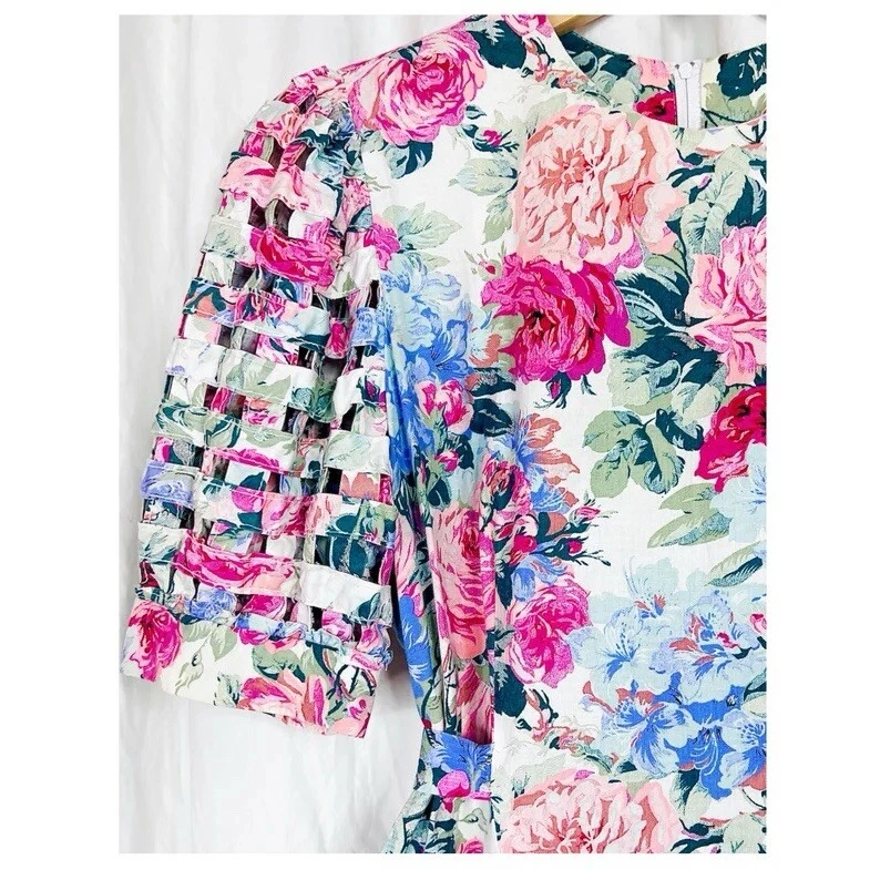 90s Rose Print Giant Open Weave Puff Sleeve Midi Princess Dress - Image 4 of 4