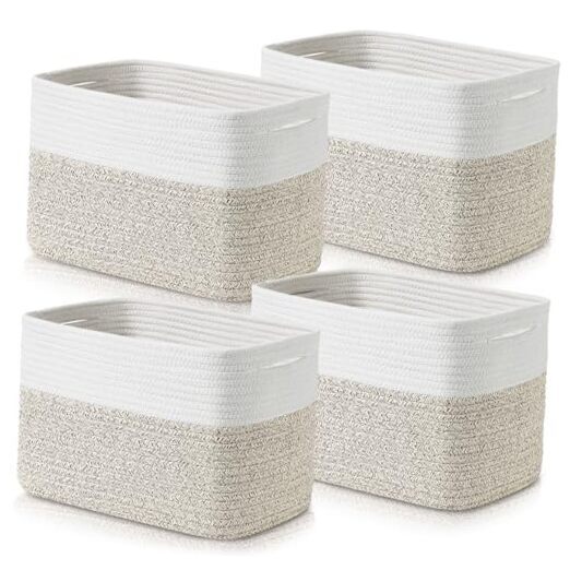 Baskets for Organizing - Cotton Rope Baskets for Shelves, 12” White/Brown