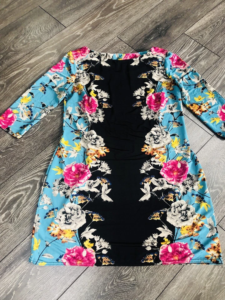 Stylish Black Colourful Floral Print Stretch Mini Dress 3/4 Sleeves 14-16 - Image 2 of 4