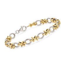 Textured & Polished White & Yellow Gold 14k XO-Link Bracelet 7inch Gold Bracelet