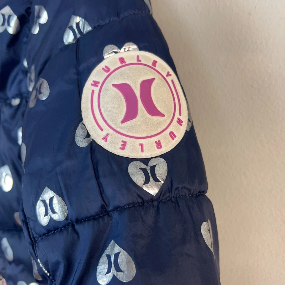 Hurley Puffer Jacket Girls S 8 10 Heart Navy Silver Fleece Lined Hooded Full Zip - Image 4 of 4
