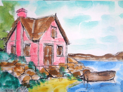 ACEO  Tranquil  MOUNTAINS HOUSE BOAT ON LAKE RIVER LANDSCAPE  Painting Art