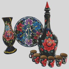 Ukrainian Folk Art Decanter Lot of 10 Hand Painted Wooden Tray/6 Cups/Decanter