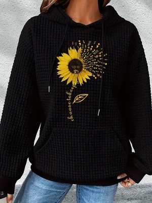 Sunflower Print Waffle Hoodie, Drawstring Kangaroo Pocket Casual Hooded Sweatshi