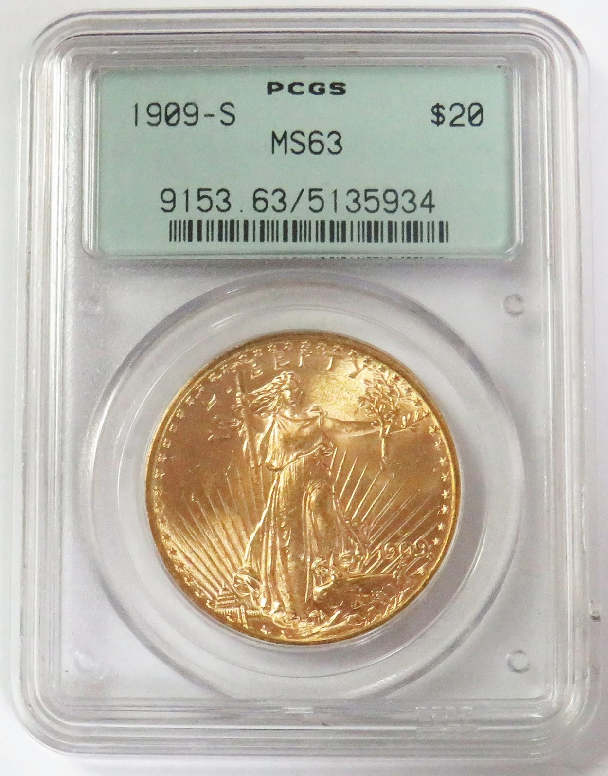 1909 S GOLD $20 SAINT GAUDENS DOUBLE EAGLE GREEN LABEL PCGS MINT STATE 63