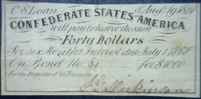 1861 CONFEDERATE Civil War Era $40 Interest Note Frm a $1,000 Bond   NR