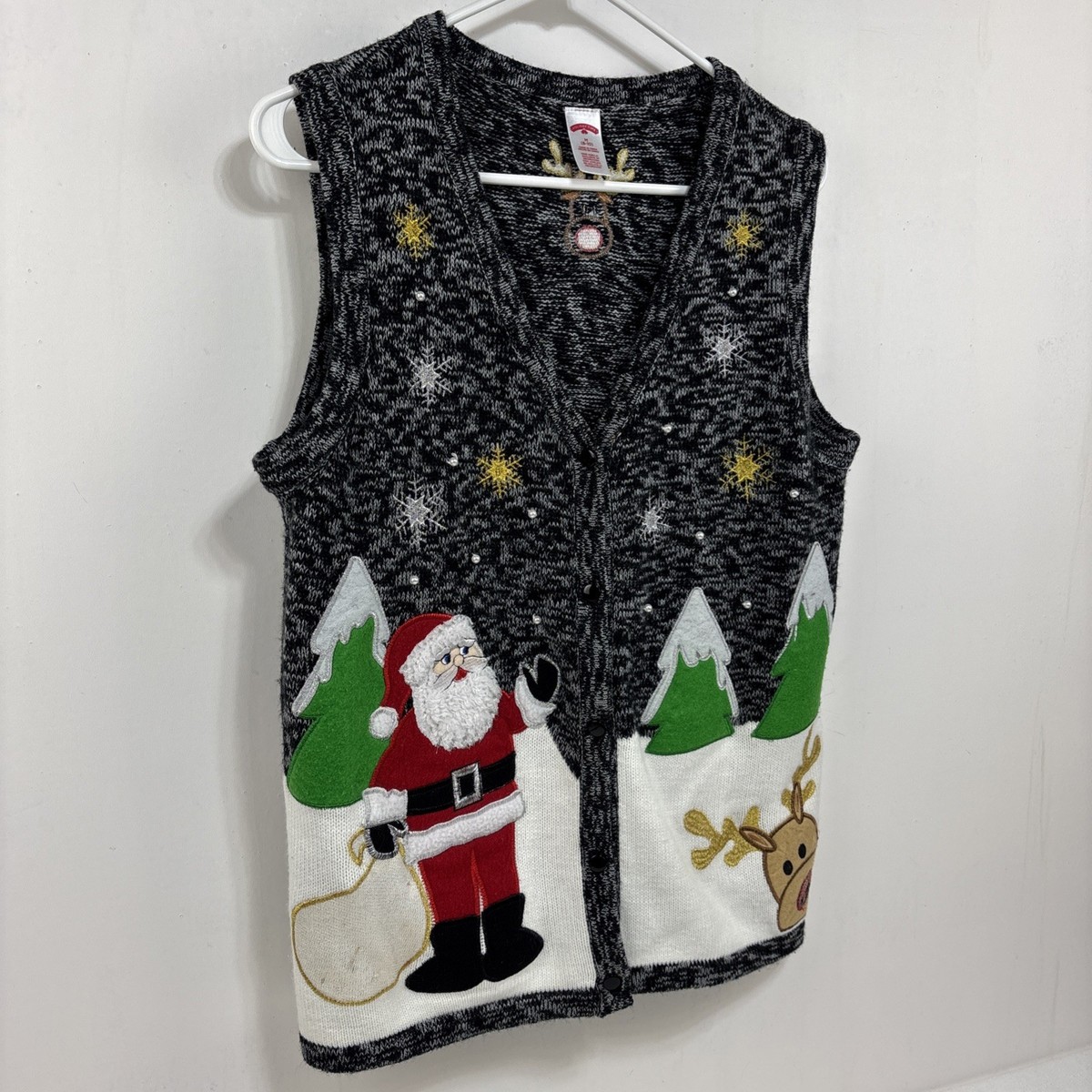 Holiday Time Sweater Vest Womens M Black White Ugly Christmas Santa Reindeer Exc View 2